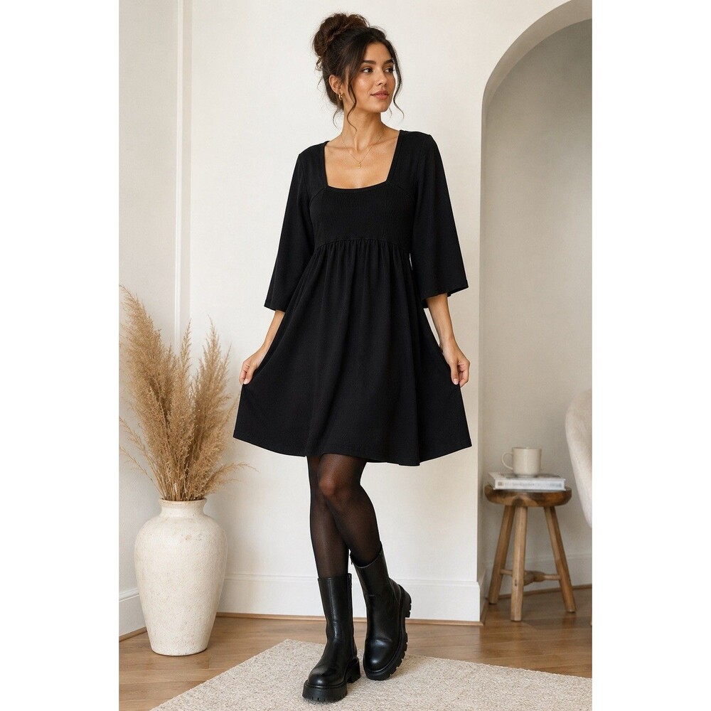 Women’s Black Silk Blend Babydoll Midi Dress Square Neck Ribbed Bodice L